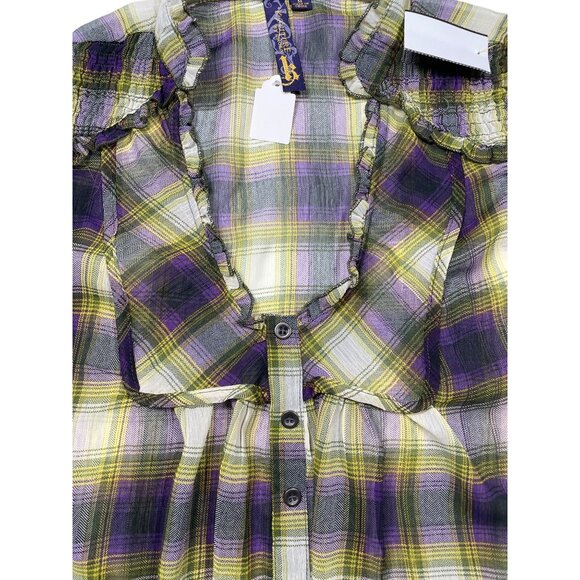 Women's Kouture Size M Plaid Ruffle Button-Down‎ Sleeveless Top V-Neck Sheer Med - Picture 14 of 16